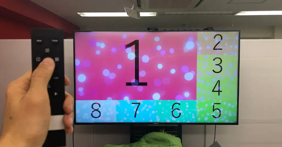 リモコンで切り替え、1台のモニターに8つの映像を分割表示している様子