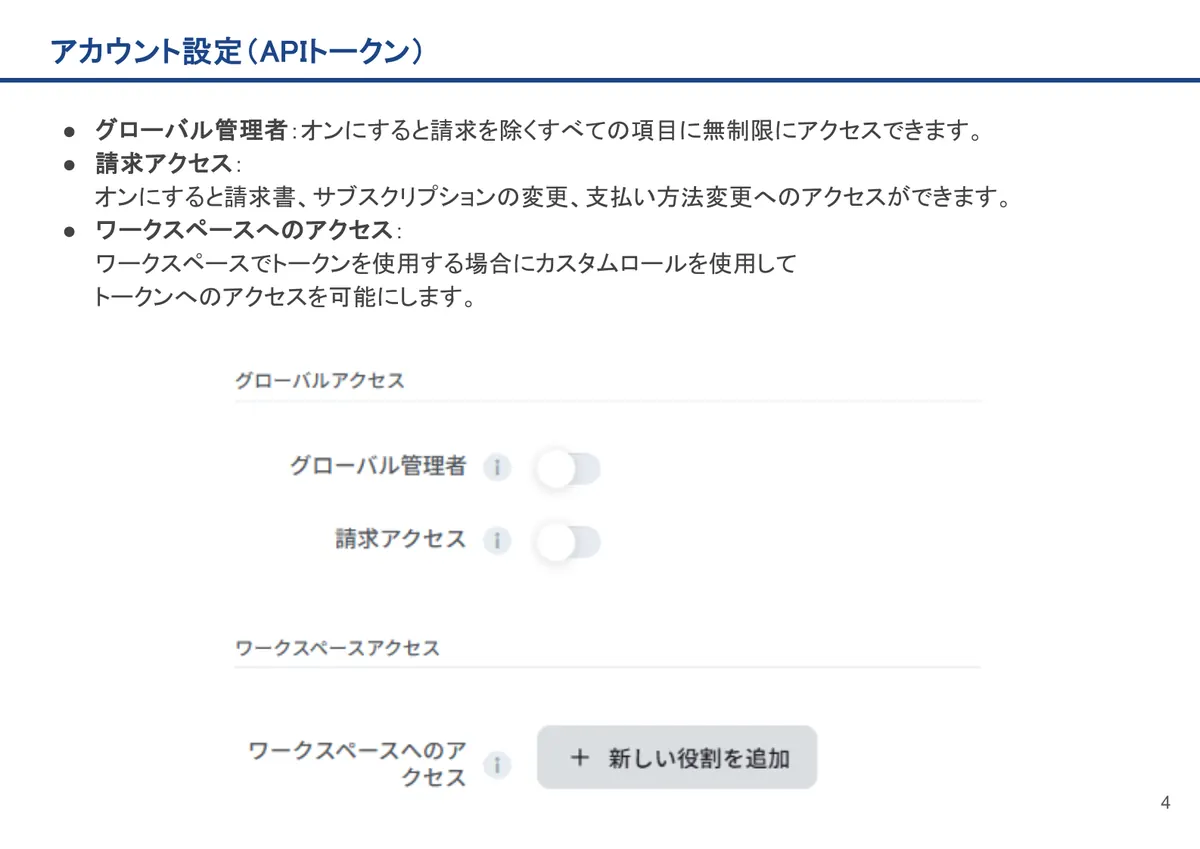 アカウント設定（APIトークン）の画面。グローバル管理者：オンにすると請求を除くすべての項目に無制限にアクセスできます。