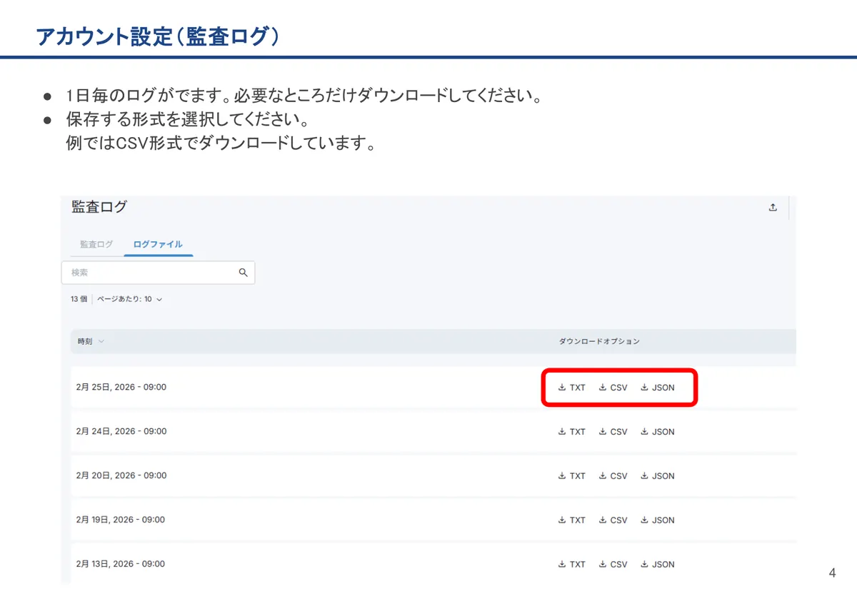 アカウント設定（監査ログ）の画面。1日毎のログがでます。必要なところだけダウンロードしてください。