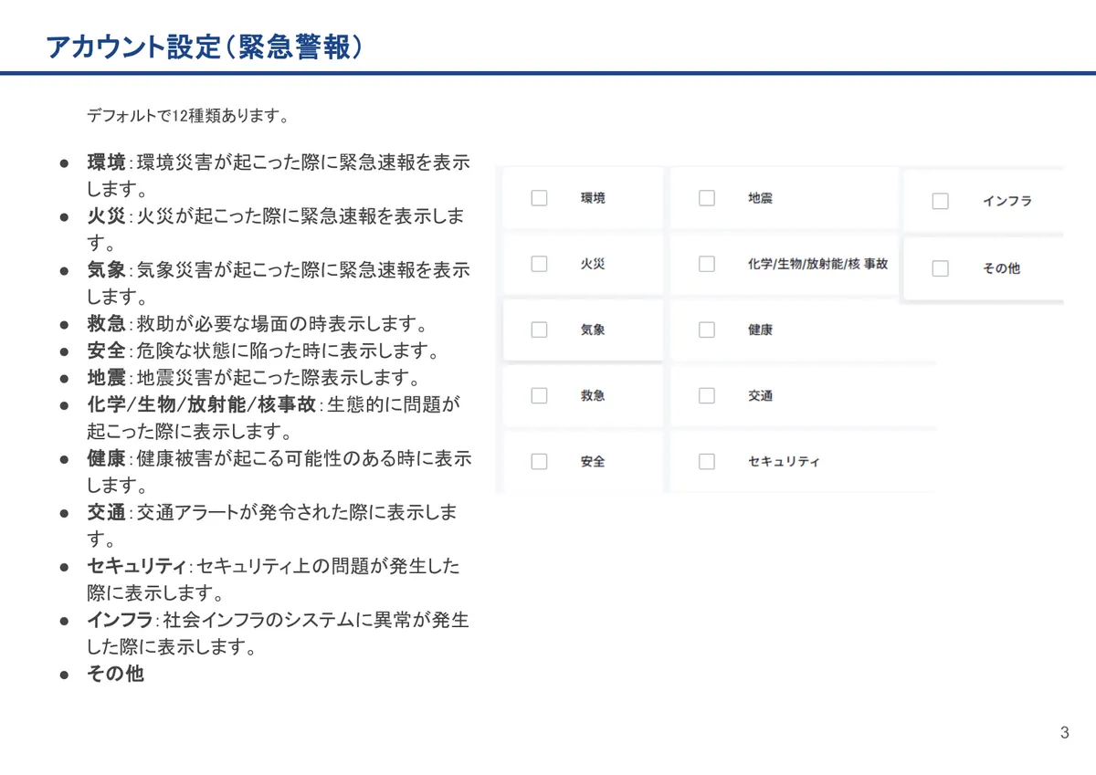 アカウント設定(緊急警報)の画面。デフォルトで12種類あります。