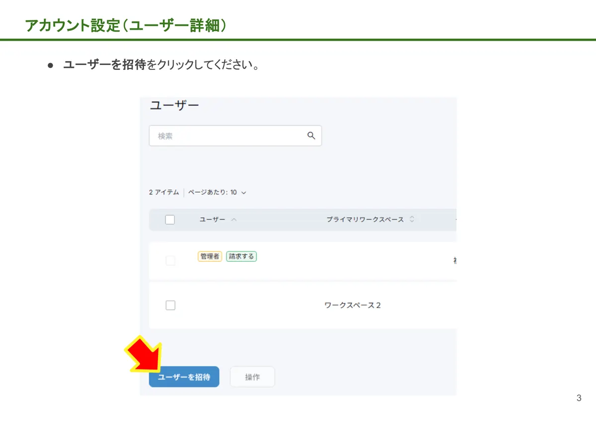 アカウント設定(ユーザー詳細)の画面。ユーザーを招待をクリックしてください。