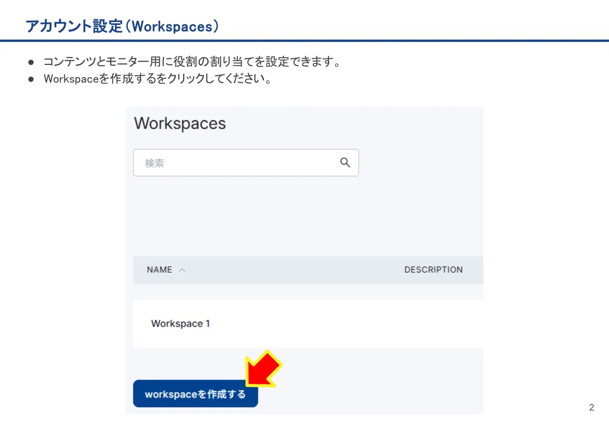 アカウント設定（Workspaces）の画面。コンテンツとモニター用に役割の割り当てを設定できます。