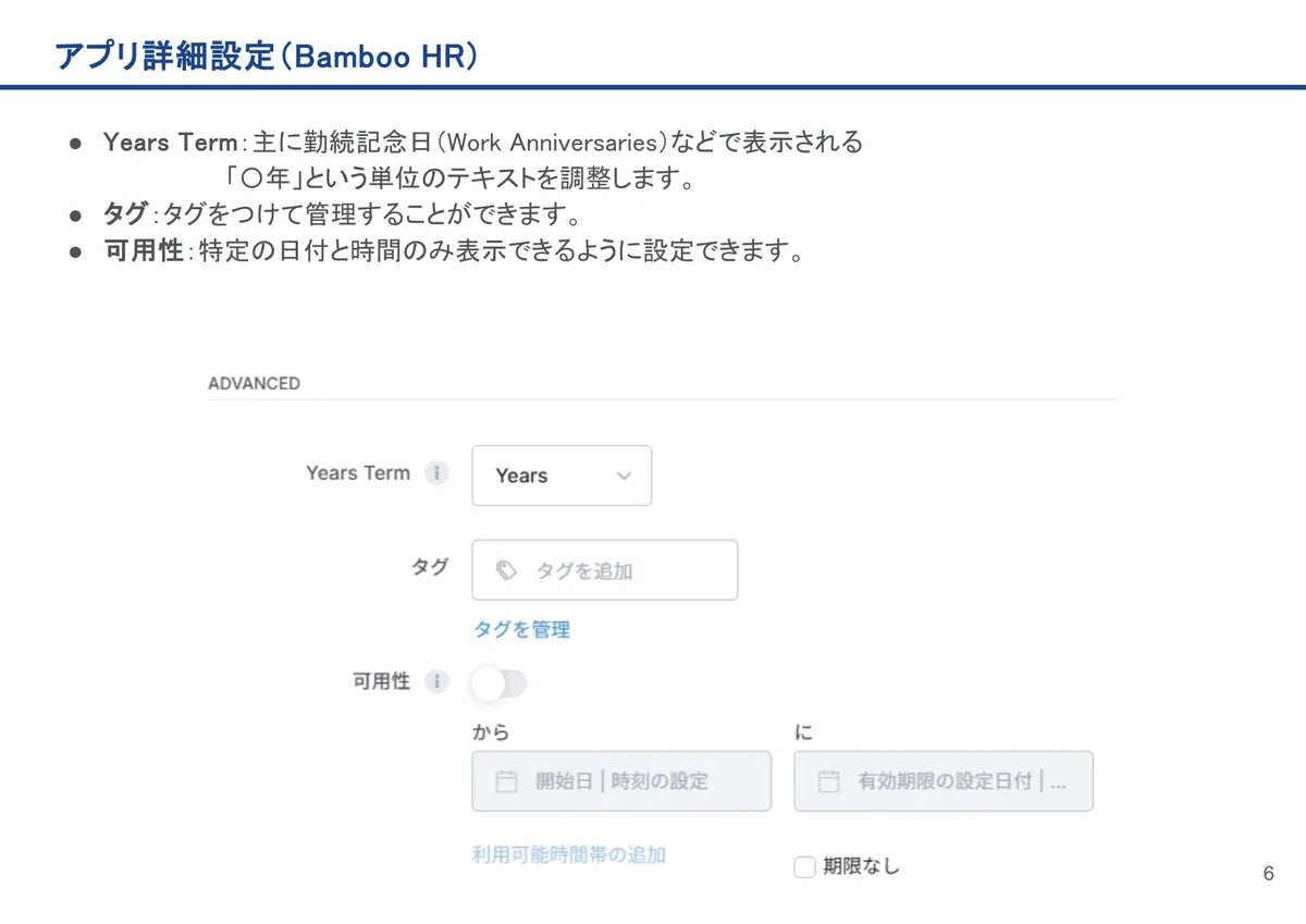 Bamboo HRの画面。Years Term:主に勤続記念日(Work Anniversaries)などで表示される「〇年」という単位のテキストを調整します。