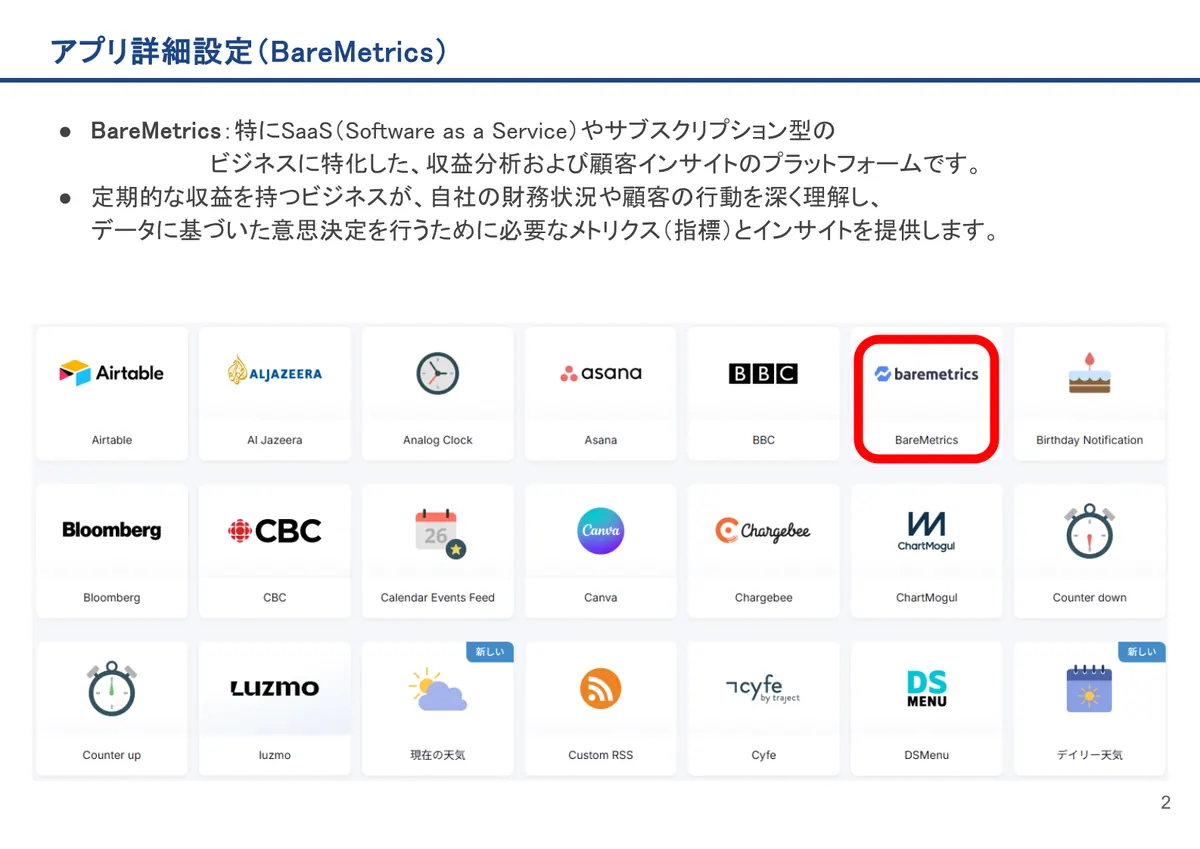 BareMetricsの画面。BareMetrics：特にSaaS（Software as a Service）やサブスクリプション型の ビジネスに特化した、収益分析およ