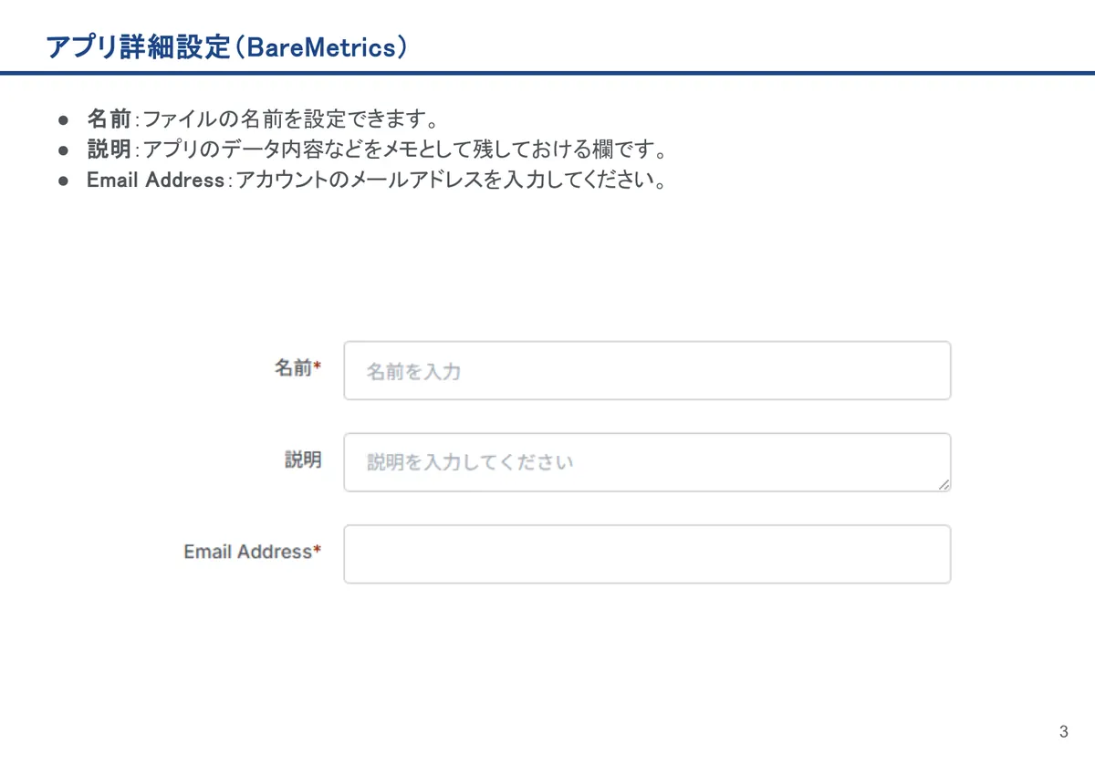 BareMetricsの画面。名前：ファイルの名前を設定できます。