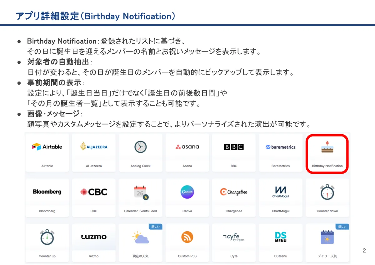 Birthday Notificationの画面。Birthday Notification:登録されたリストに基づき、その日に誕生日を迎えるメンバーの名前とお祝いメッセージを表示します。