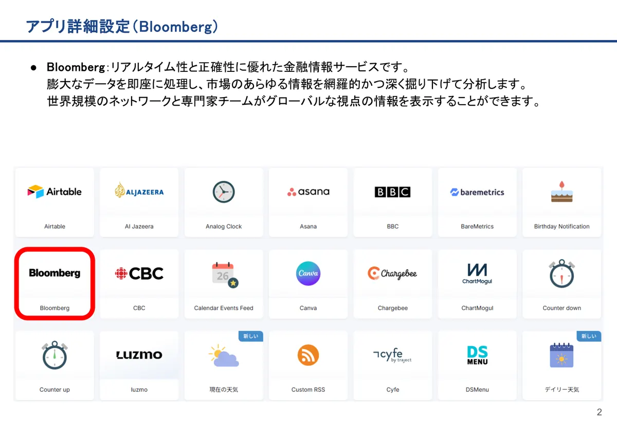 Bloombergの画面。Bloomberg:リアルタイム性と正確性に優れた金融情報サービスです。膨大なデータを即座に処理し、市場のあらゆる情報を網羅的かつ深く掘り下