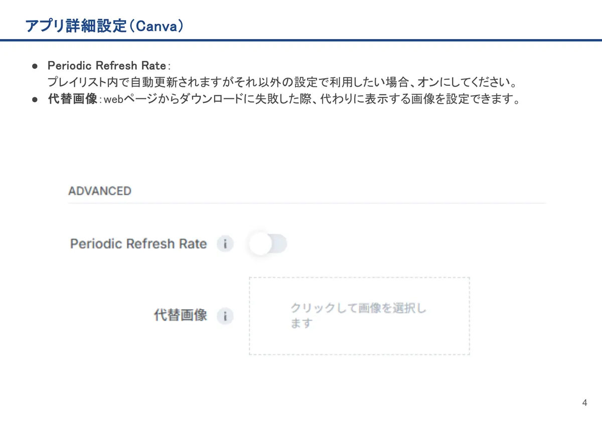 Canvaの画面。Periodic Refresh Rate:プレイリスト内で自動更新されますがそれ以外の設定で利用したい場合、オンにしてください。