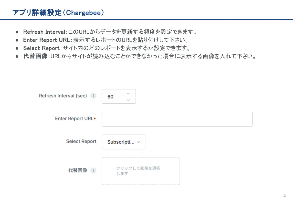 Chargebeeの画面。Refresh Interval：このURLからデータを更新する頻度を設定できます。