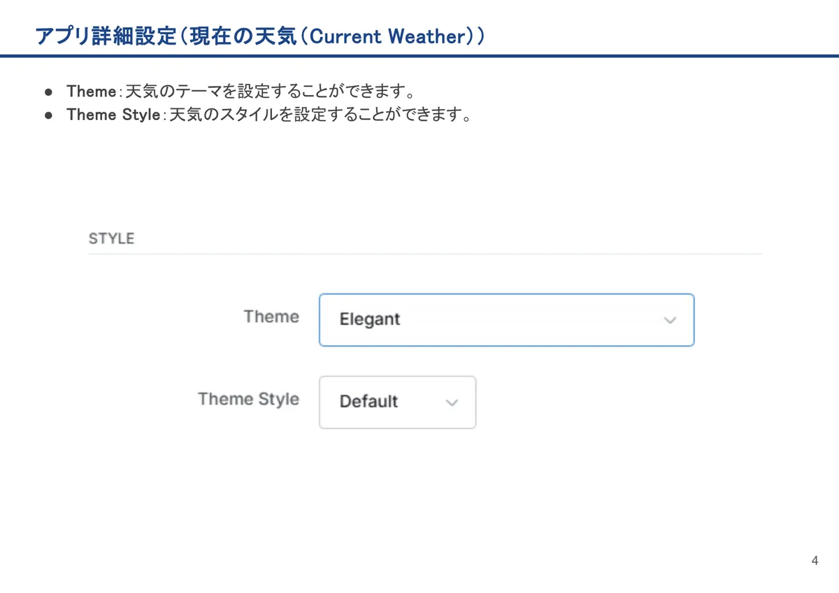 現在の天気（Current Weather）の画面。Theme：天気のテーマを設定することができます。