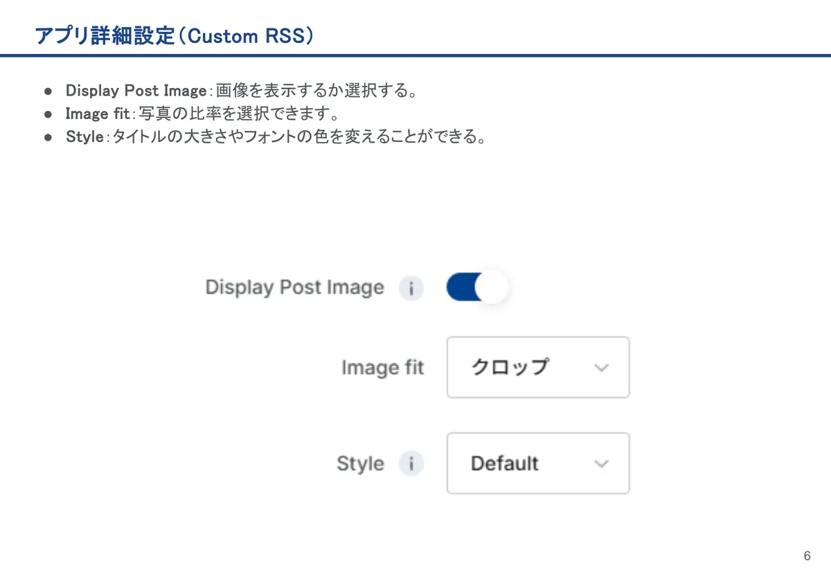 Custom RSSの画面。Display Post Image：画像を表示するか選択する。