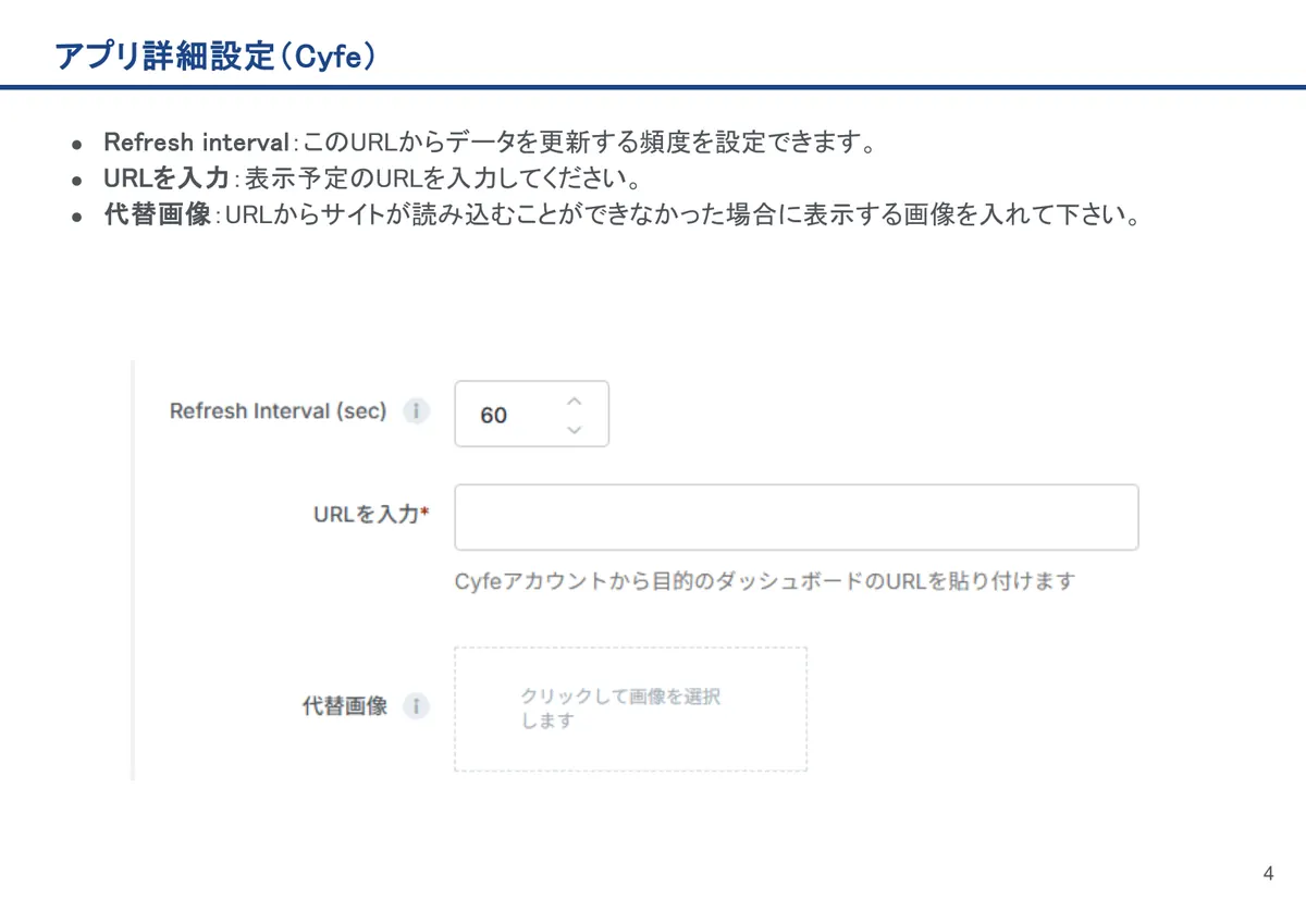 Cyfeの画面。Refresh interval：このURLからデータを更新する頻度を設定できます。