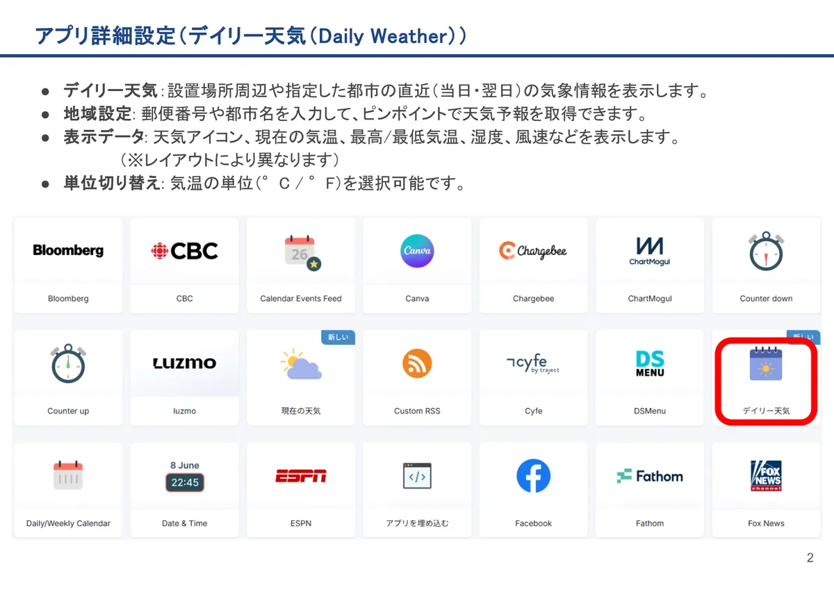 デイリー天気(Daily Weather)の画面。デイリー天気:設置場所周辺や指定した都市の直近(当日・翌日)の気象情報を表示します。