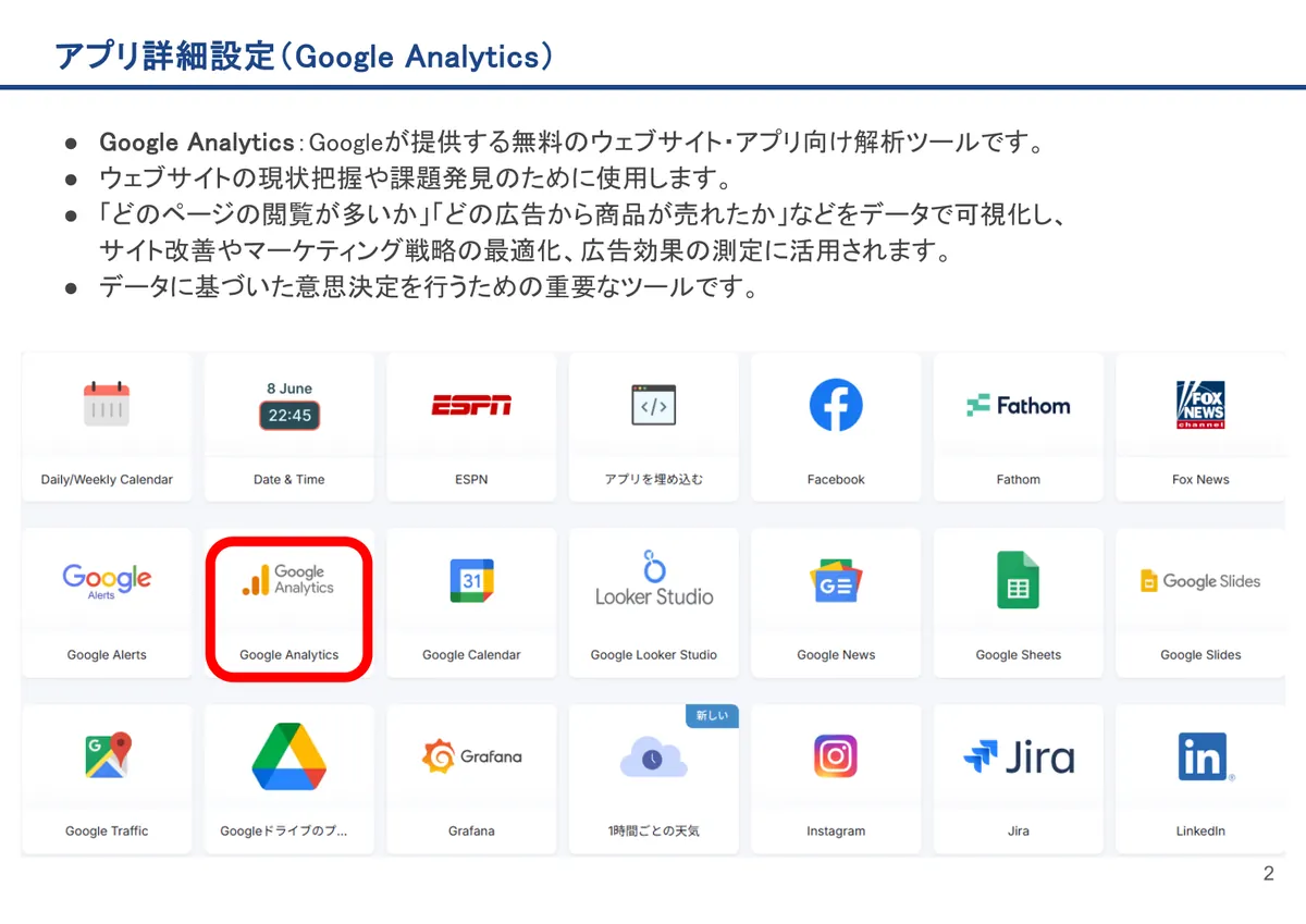 Google Analyticsの画面。Google Analytics:Googleが提供する無料のウェブサイト・アプリ向け解析ツールです。