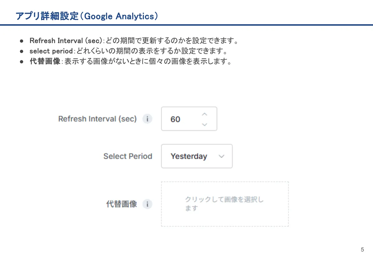 Google Analyticsの画面。Refresh Interval (sec):どの期間で更新するのかを設定できます。