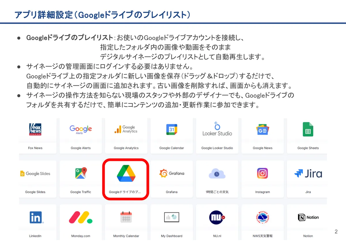 Googleドライブのプレイリストの画面。Googleドライブのプレイリスト:お使いのGoogleドライブアカウントを接続し、 指定したフォルダ内の画像や動画をそのまま デジタルサイ