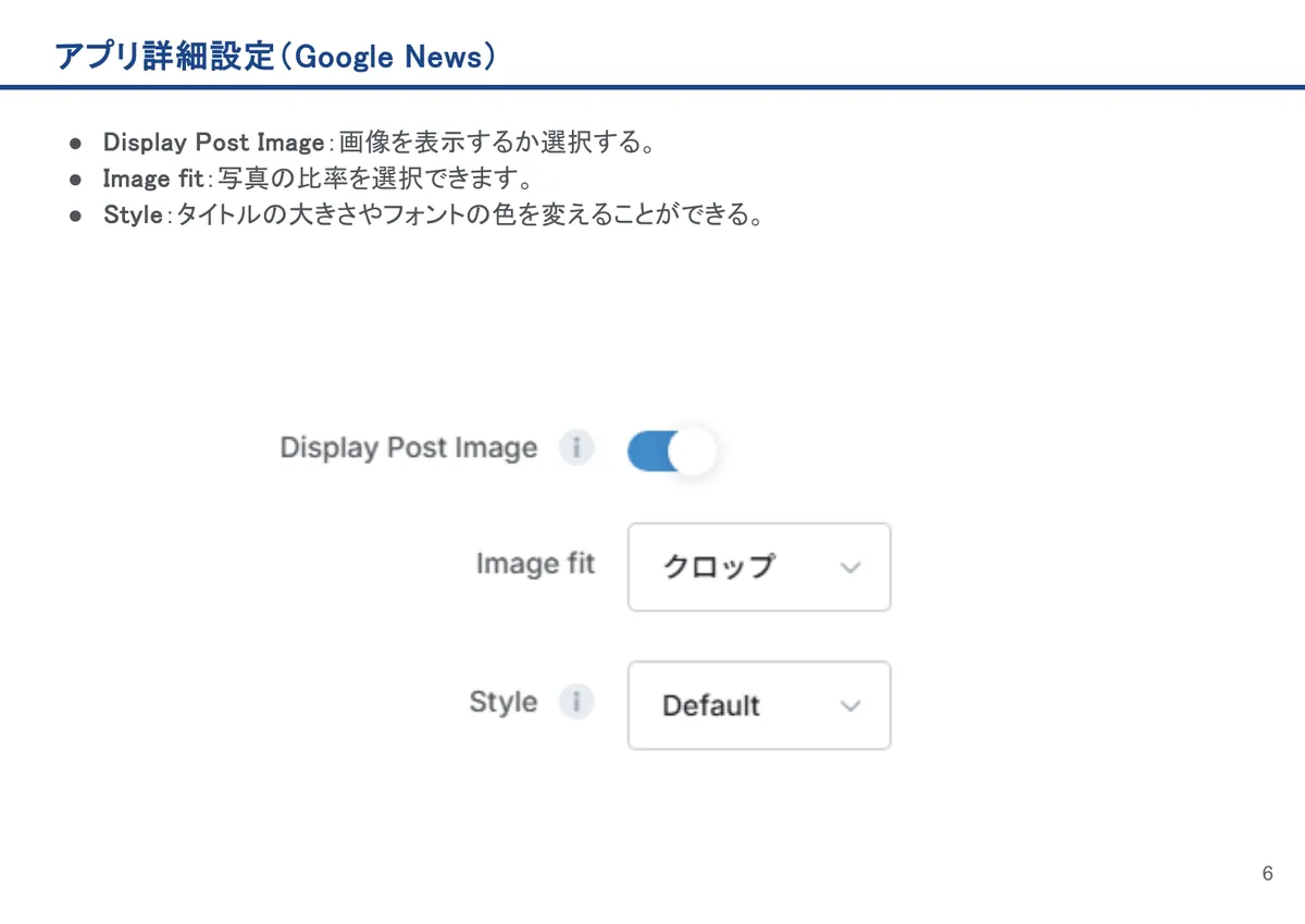 Google Newsの画面。Display Post Image:画像を表示するか選択する。