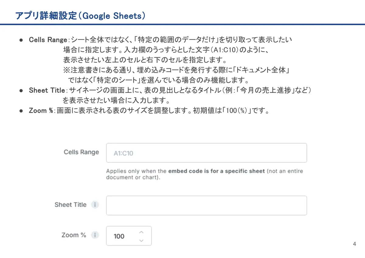 Google Sheetsの画面。Cells Range:シート全体ではなく、「特定の範囲のデータだけ」を切り取って表示したい場合に指定します。入力欄のうっすらとした文字(A