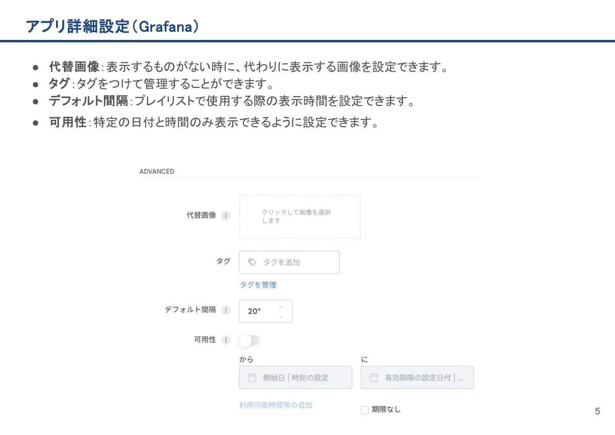 Grafanaの画面。代替画像：表示するものがない時に、代わりに表示する画像を設定できます。