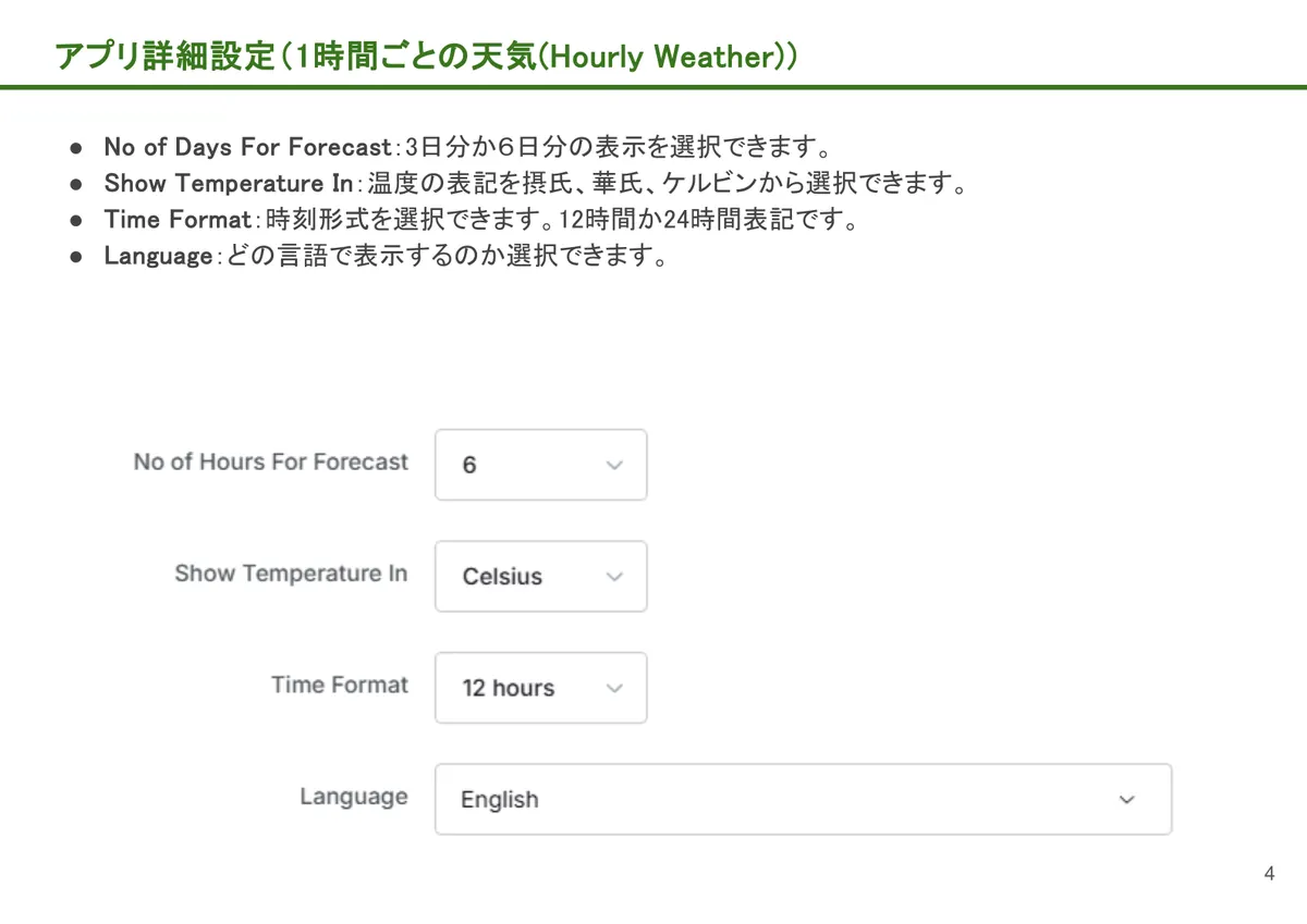 1時間ごとの天気(Hourly Weather)の画面。No of Days For Forecast:3日分か6日分の表示を選択できます。