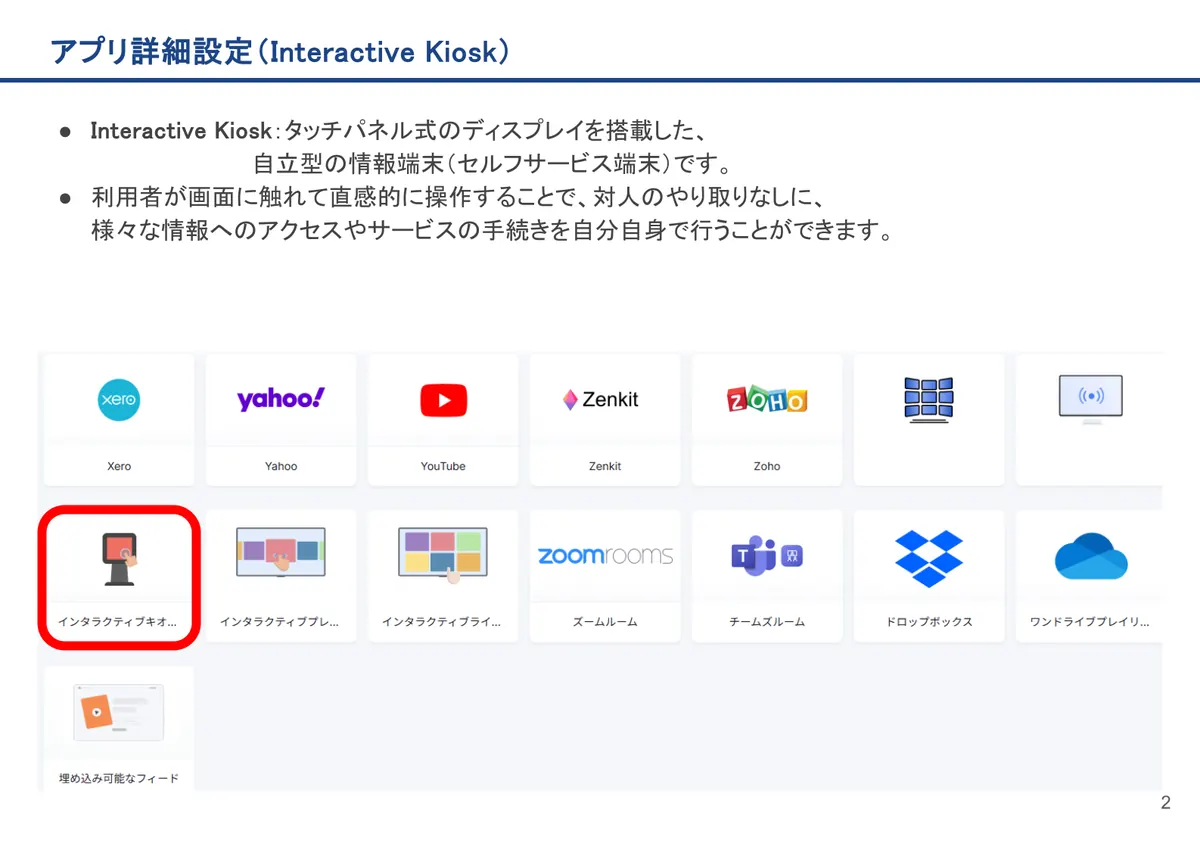 Interactive Kioskの画面。Interactive Kiosk：タッチパネル式のディスプレイを搭載した、自立型の情報端末（セルフサービス端末）です。