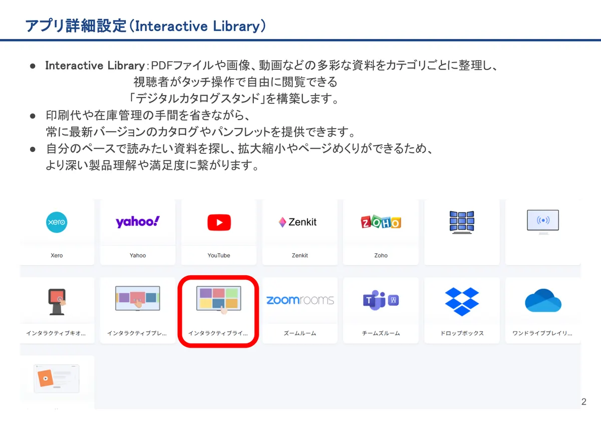 Interactive Libraryの画面。Interactive Library:PDFファイルや画像、動画などの多彩な資料をカテゴリごとに整理し、 視聴者がタッチ操作で自由に閲覧で