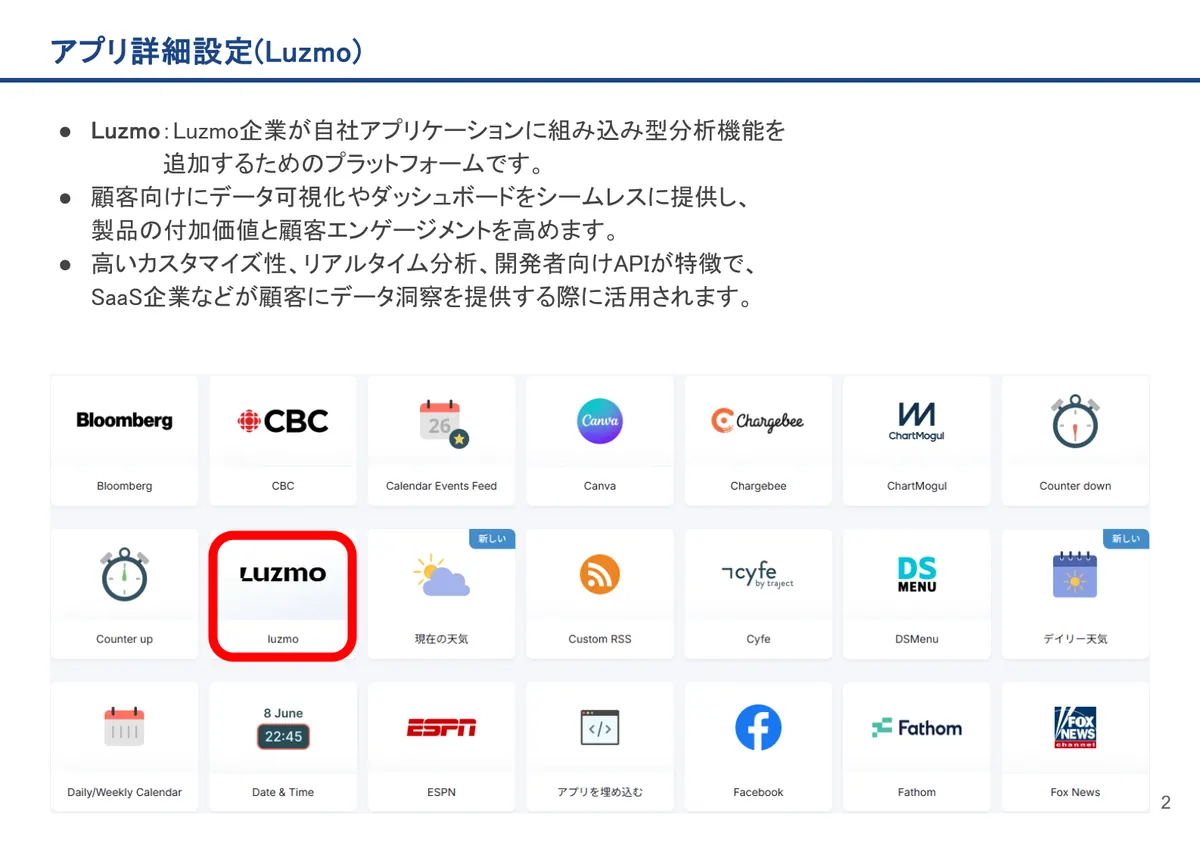 アプリ詳細設定(Luzmo)の画面。Luzmo：Luzmo企業が自社アプリケーションに組み込み型分析機能を 追加するためのプラットフォームです。