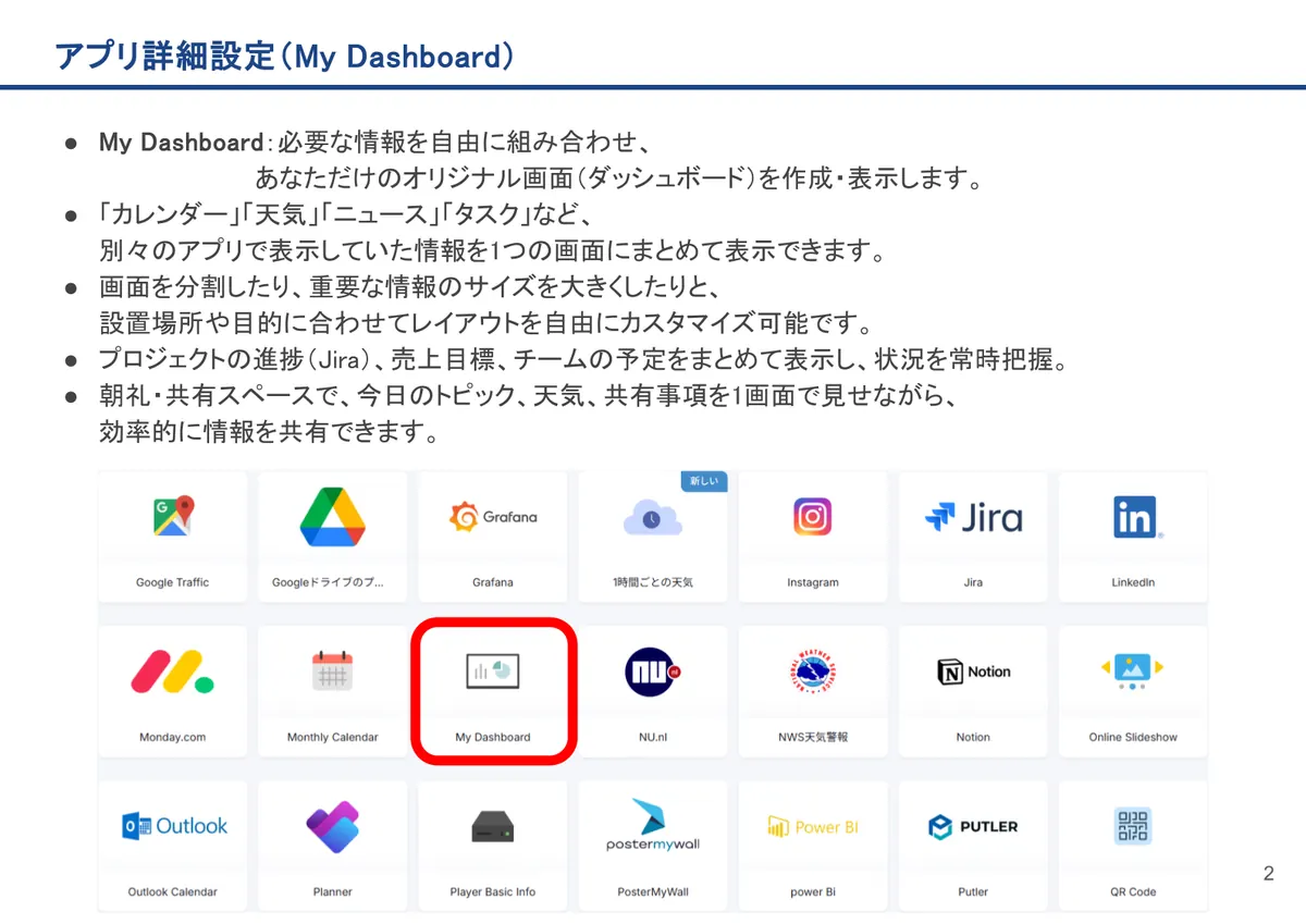 My Dashboardの画面。My Dashboard：必要な情報を自由に組み合わせ、 あなただけのオリジナル画面（ダッシュボード）を作成・表示します。
