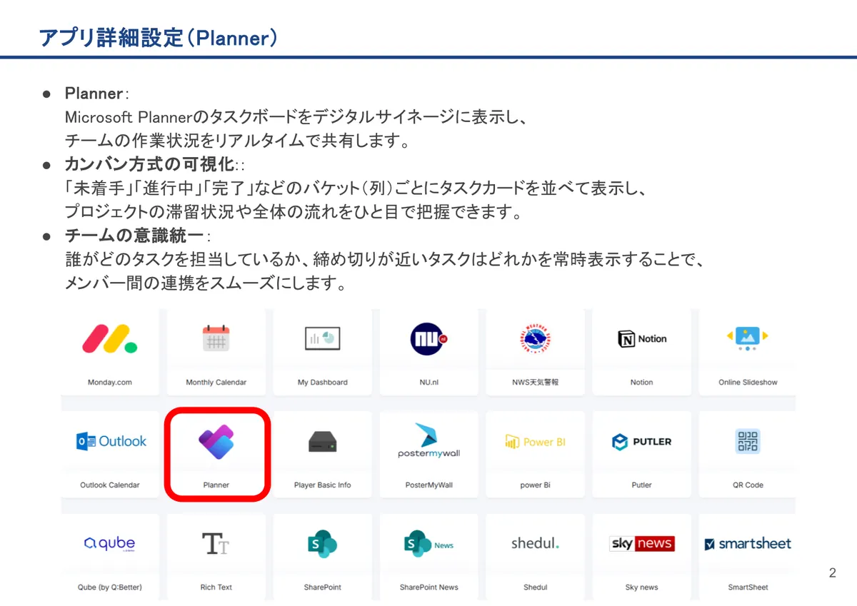 Plannerの画面。Planner:Microsoft Plannerのタスクボードをデジタルサイネージに表示し、チームの作業状況をリアルタイムで共有します。