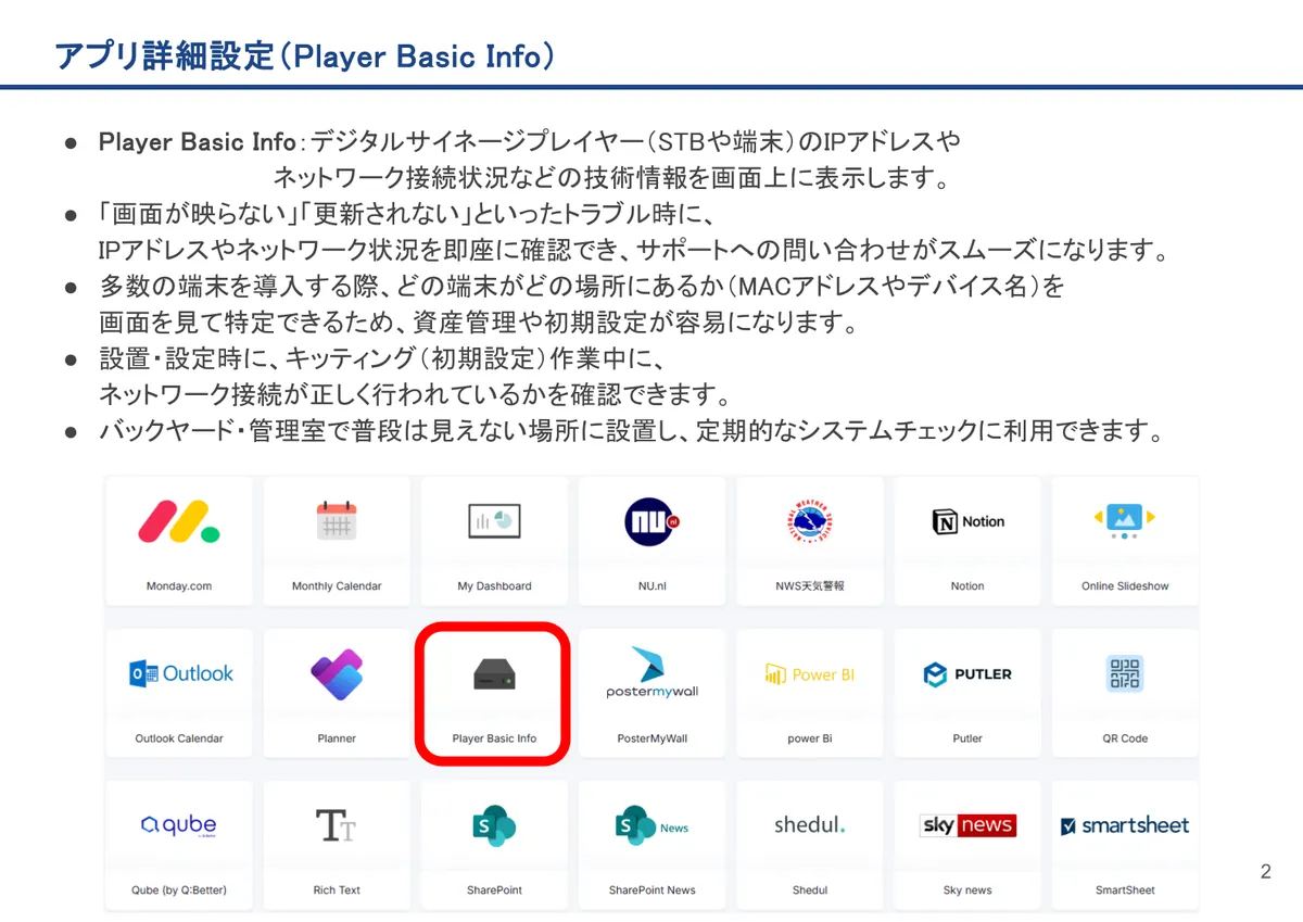 Player Basic Infoの画面。Player Basic Info:デジタルサイネージプレイヤー(STBや端末)のIPアドレスやネットワーク接続状況などの技術情報を画面上に