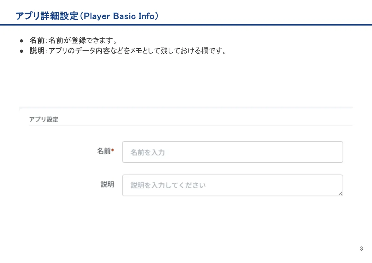 Player Basic Infoの画面。名前:名前が登録できます。