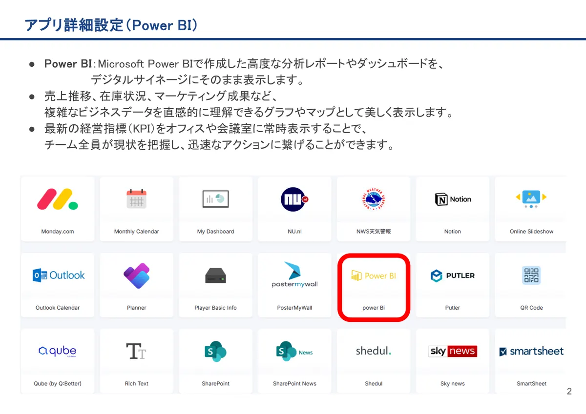 Power BIの画面。Power BI：Microsoft Power BIで作成した高度な分析レポートやダッシュボードを、 デジタルサイネージにそのまま表示しま