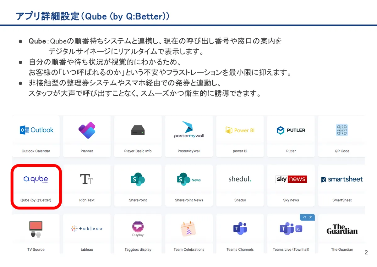 Qube (by Q:Better)の画面。Qube：Qubeの順番待ちシステムと連携し、現在の呼び出し番号や窓口の案内を デジタルサイネージにリアルタイムで表示します。