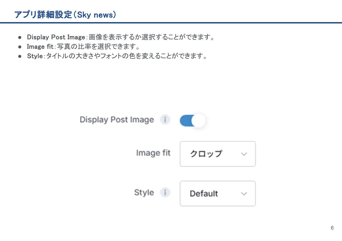 アプリ詳細設定（Sky news)の画面。Display Post Image：画像を表示するか選択することができます。