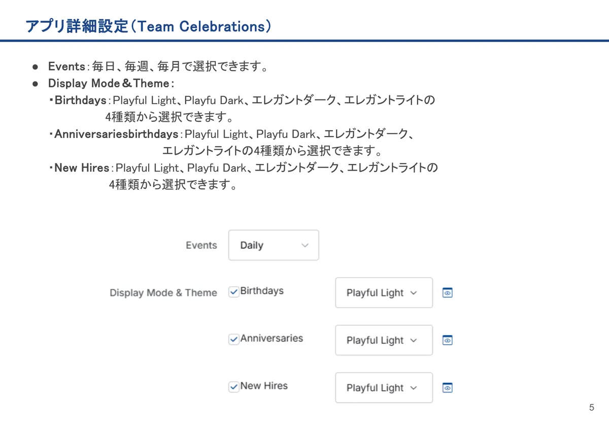 Team Celebrationsの画面。Events:毎日、毎週、毎月で選択できます。