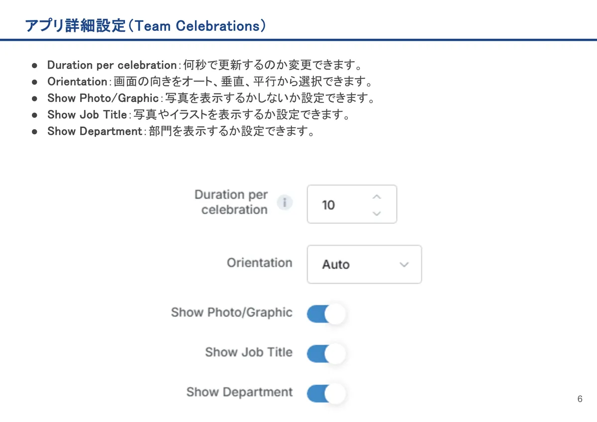 Team Celebrationsの画面。Duration per celebration:何秒で更新するのか変更できます。