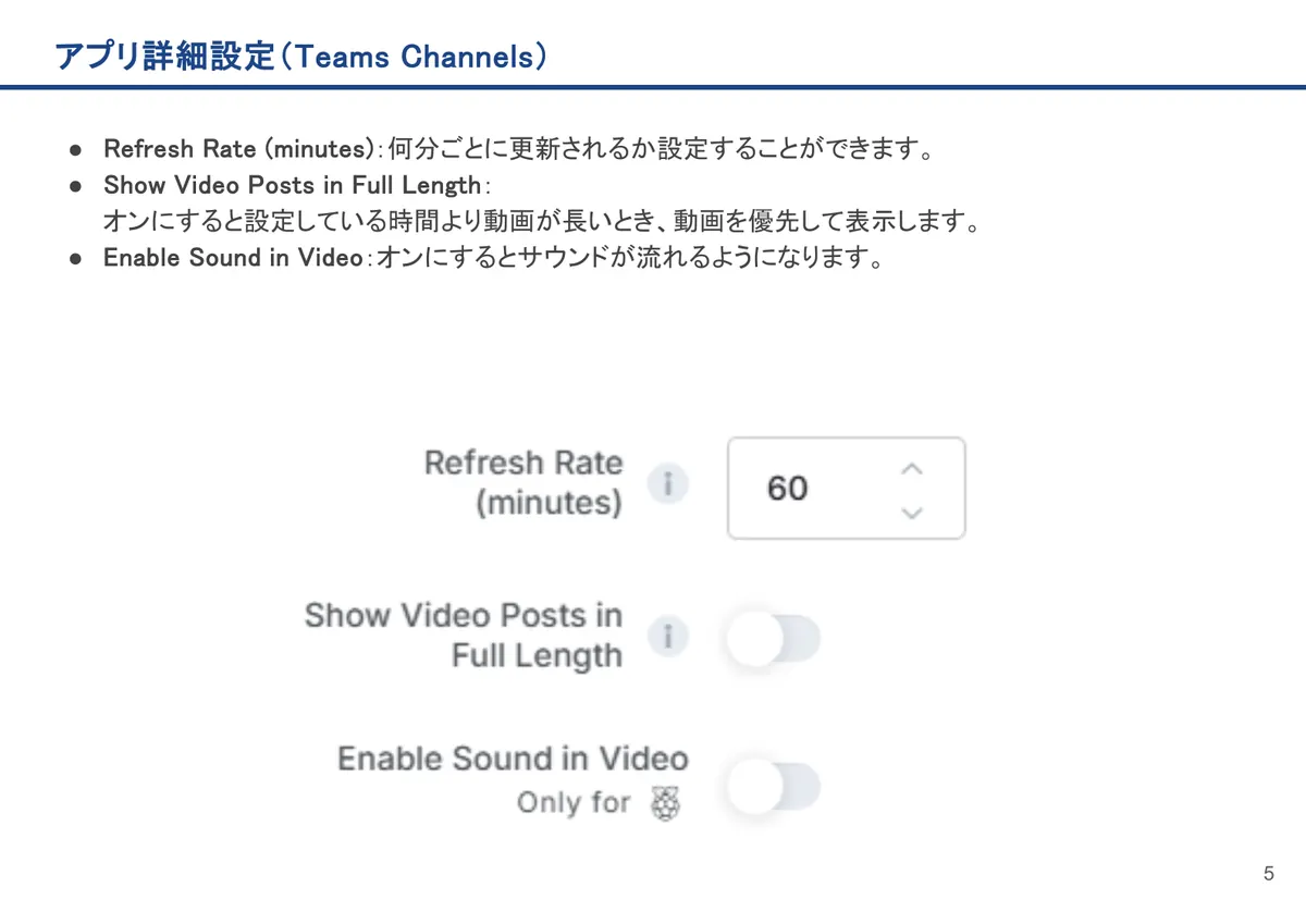 Teams Channelsの画面。Refresh Rate (minutes)：何分ごとに更新されるか設定することができます。