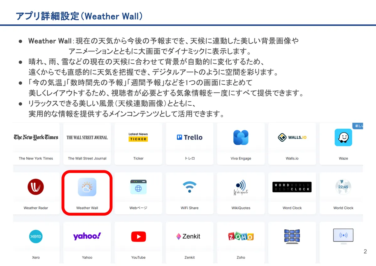 Weather Wallの画面。Weather Wall：現在の天気から今後の予報までを、天候に連動した美しい背景画像やアニメーションとともに大画面でダイナミックに表示しま