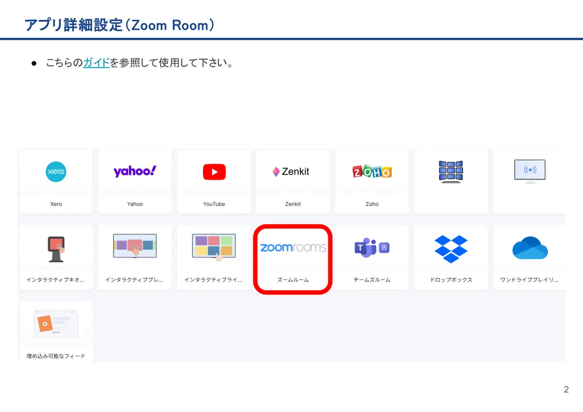 Zoom Roomの画面。こちらのガイドを参照して使用して下さい。
