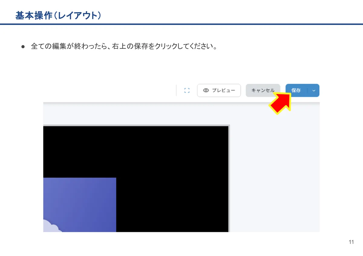 基本操作(レイアウト)の画面。全ての編集が終わったら、右上の保存をクリックしてください。
