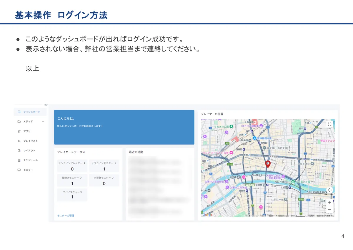 基本操作 ログイン方法の画面。このようなダッシュボードが出ればログイン成功です。