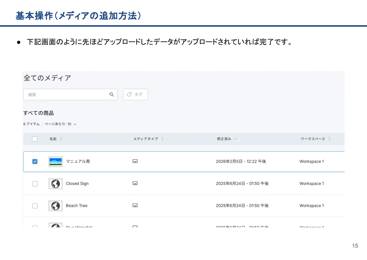 基本操作(メディアの追加方法)の画面。下記画面のように先ほどアップロードしたデータがアップロードされていれば完了です。