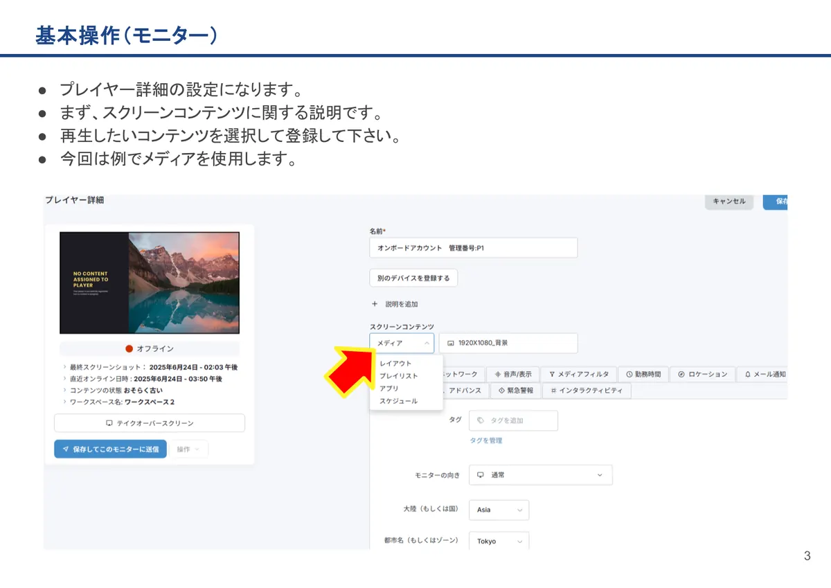 基本操作(モニター)の画面。プレイヤー詳細の設定になります。