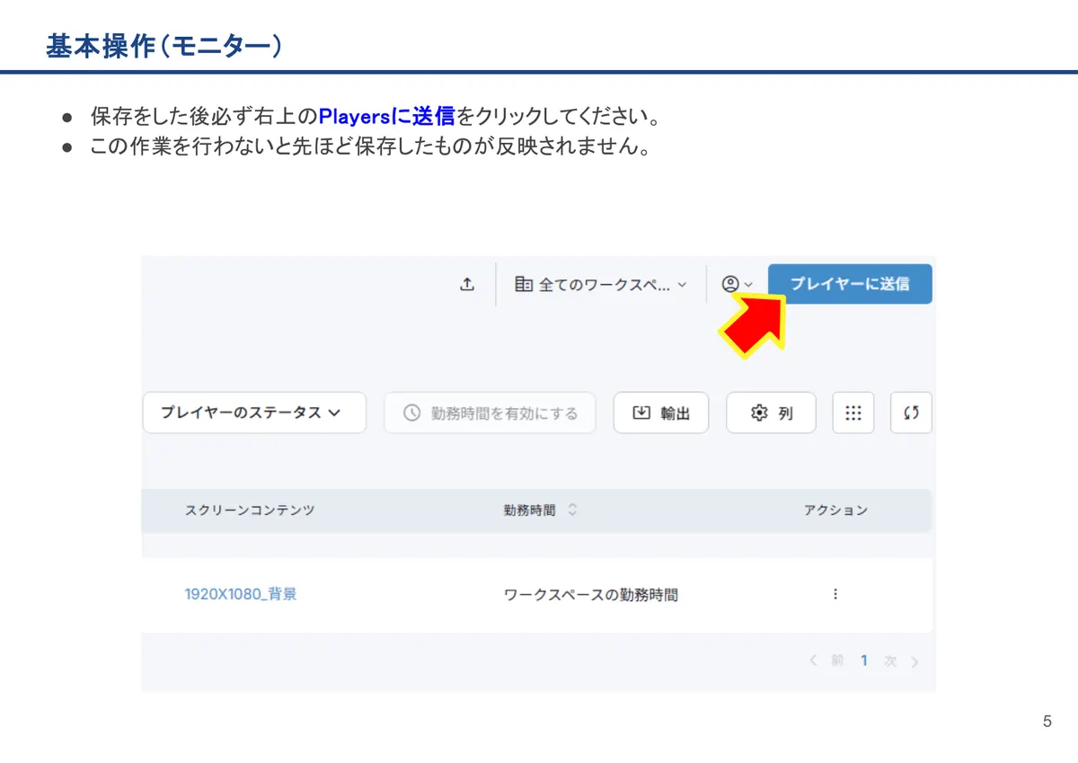 基本操作(モニター)の画面。保存をした後必ず右上のPlayersに送信をクリックしてください。